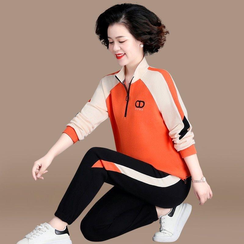 Embroidered Sports Suit for Women, Spring and Autumn Fashion Loose Large Size Stand Collar Casual Color Matching Running Two-piece Set