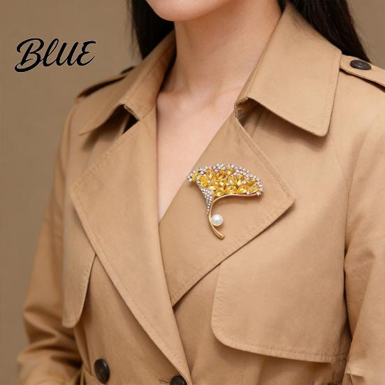 Women Brooch High-Gloss Rhinestone Inlay Faux Pearl Decor Ginkgo Leaf