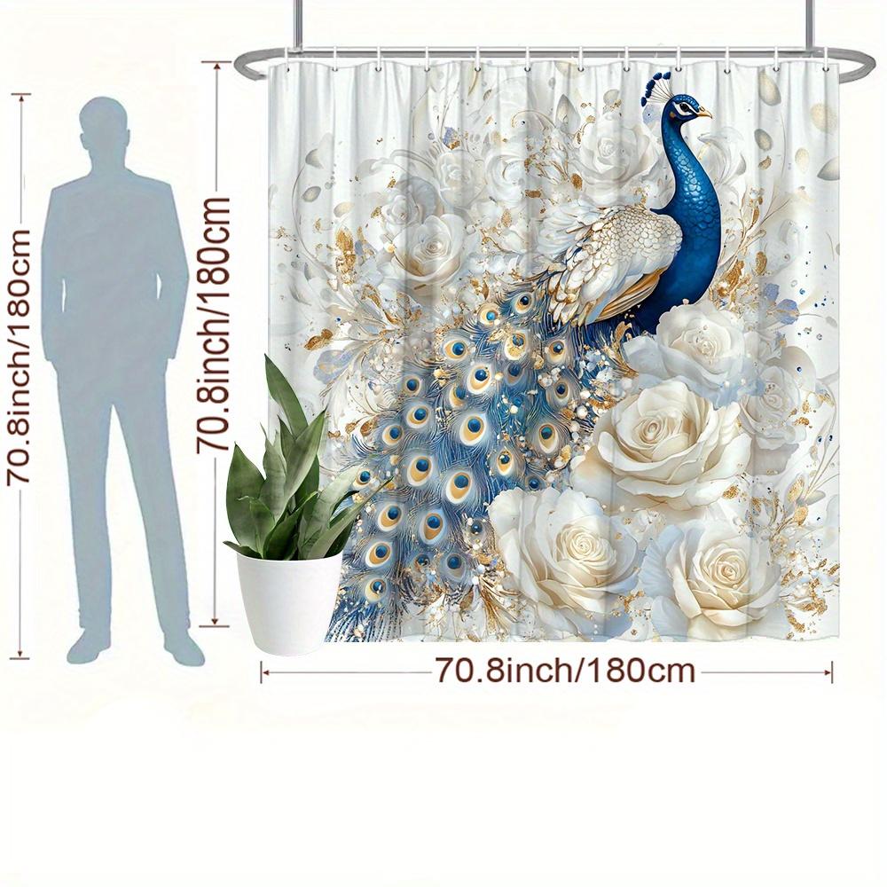 Blue Peacock With White Roses Shower Curtain 3D Artistic Design Waterproof Bath Decor Royal Luxury Bathroom Curtains