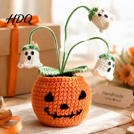 Halloween Knitted Ghost Ornament Handmade Crochet Pumpkin Pumpkin with Cute Bat Festive Home Accents for Flowers Planter Plant Tabletop Decoration