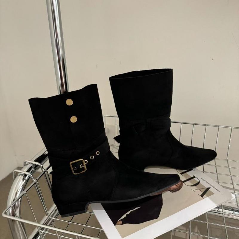 Low Heel Suede Medium Boots Women's Boots 2025 Autumn and Winter Retro Western Cowboy Boots with Skirt Skinny Boots Short Boots