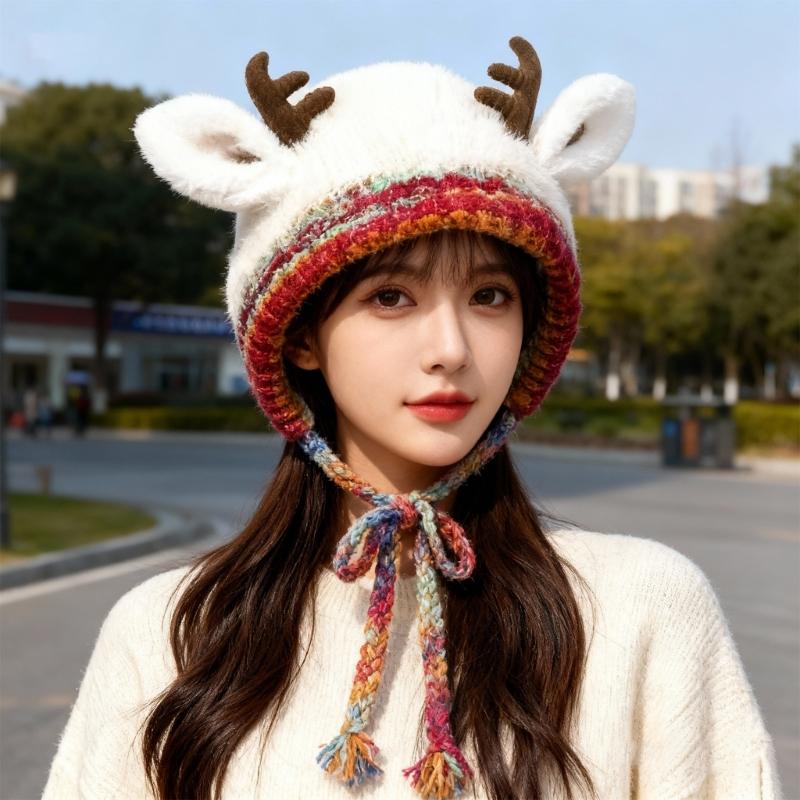Czapka dziergana z rogami renifera Ciepły zimowy dodatek na przyjęcia świąteczne spotkania rodzinne
