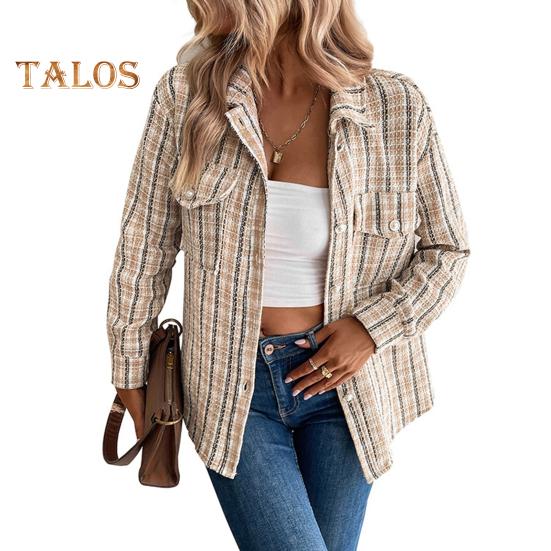 

Осенне-весенняя женская куртка с ретро-шотландским принтом, отложным воротником, однобортным жакетом, нагрудными карманами, длинными рукавами, свободным пальто для поездок на работу и свиданий S хаки