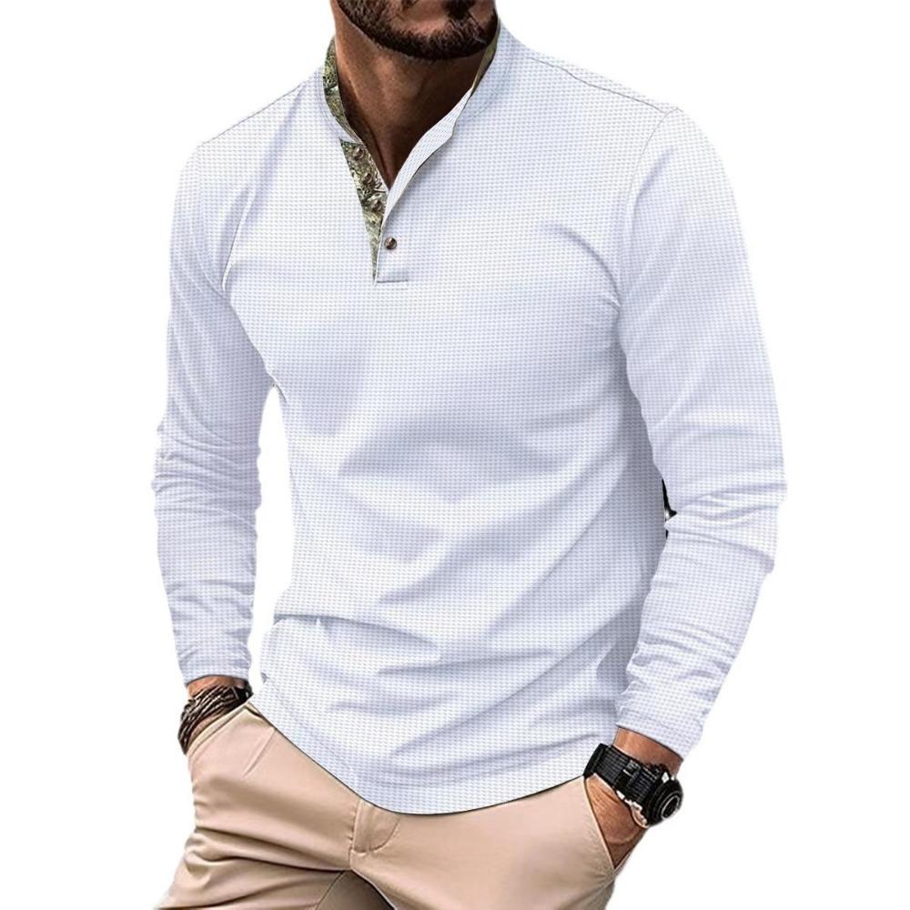 Men's Casual Stand Up Collar Spliced Long Sleeved Polo Shirt