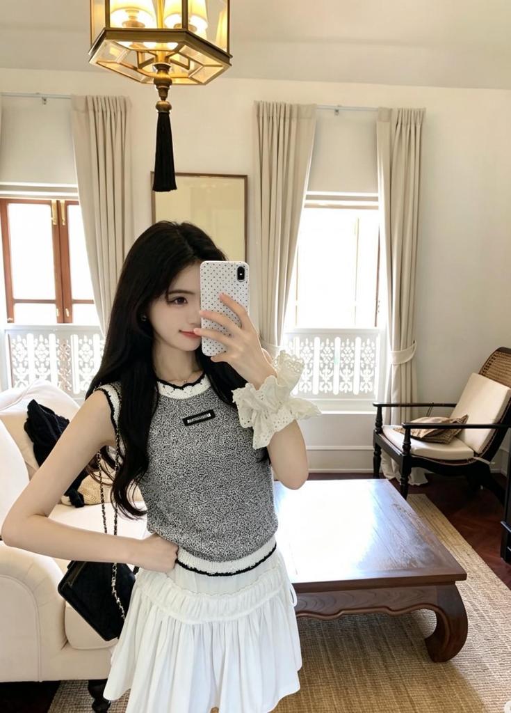 Miu-Style Color Block Lace Collar Knit Vest - Slimming Summer Top