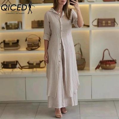 Elegante tuta da donna estiva, primaverile e autunnale in cotone e lino, slim in vita, a maniche lunghe e pantaloni a gamba larga
