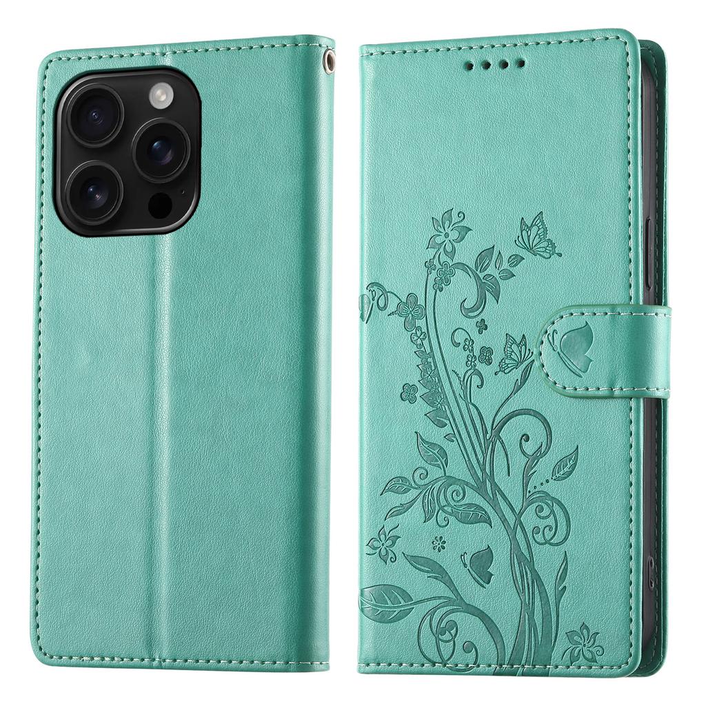 For iPhone 16 Pro Wallet Case Butterfly Floral Imprint PU Leather Phone Cover with Wrist Strap