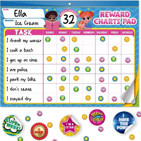 Behavior Chart for Kids at Home - Pad with 26 Reward Chart for Kids 2100+ Stickers - Transform Daily Responsibilities into Positive Habits, Empower