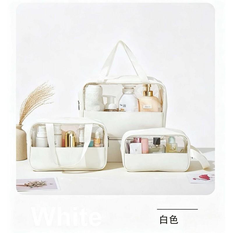3-Piece Makeup Bag Set Large Capacity Waterproof PU Travel Organizer Transparent Design