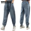 Plus Size Elastic Waist Women's Jeans Loose Wide Leg Straight Denim Big Pocket Trousers
