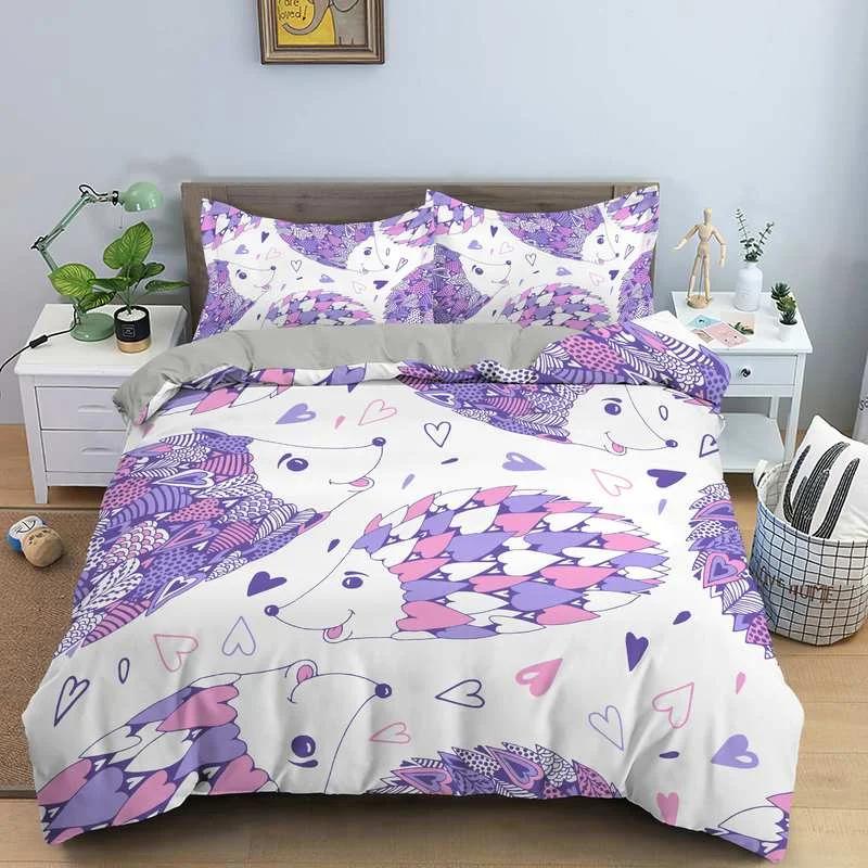 Hedgehog Bedding Set Cute Kawaii Wildlife Comforter Cover With Pillowcases For Boys Girl Polyester Bedding Set King Size