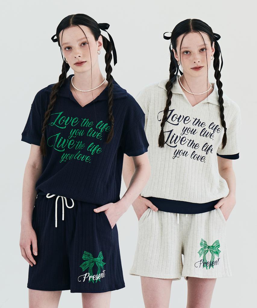 Metapeo Met Summer Knit Ribbon Print Short Sleeve Shorts Set
