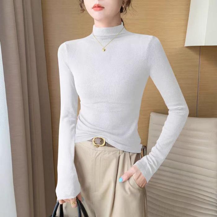 T-Shirt mit geradem Kragen und langen Ärmeln für Damen im Herbst und Winter Neues Basic-Shirt mit hohem Kragen Einfarbig Slim Fit Schlankes Innentop