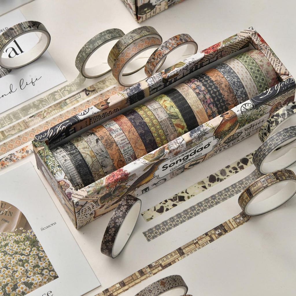 Songdao 20 Rolls Thin Retro Masking Tape Nostalgic Vintage Washi Washi Tape for DIY Crafts Set, Creativity, Tape, Women's Style, Packaging,
