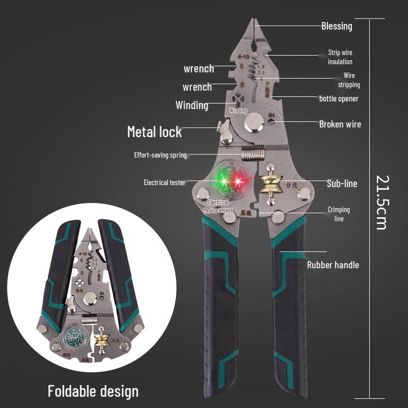 Multifunctional Electrician's Long Nose Pliers: Wire Stripper, Cutter, Voltage Tester, Puller, Folding Test Pen