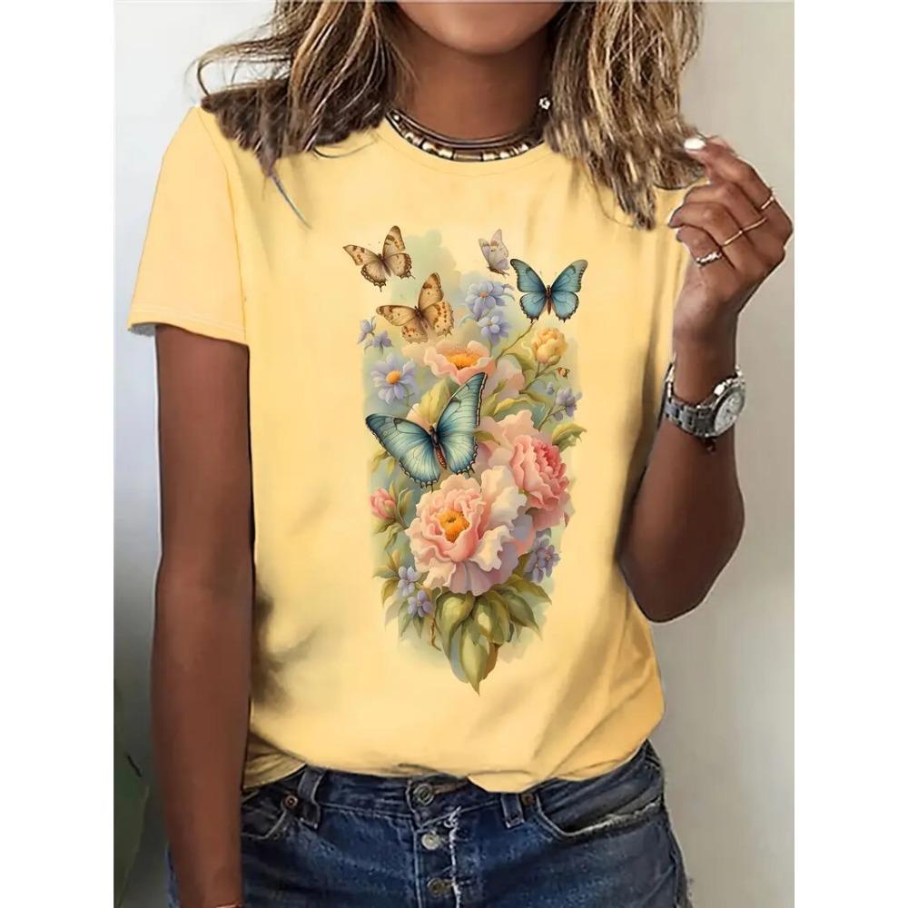 Women's Casual T-shirt, Round Neck Summer T-shirt, Short Sleeved, Bee Flower Print, Outdoor Women's Fashion, Large Clothing