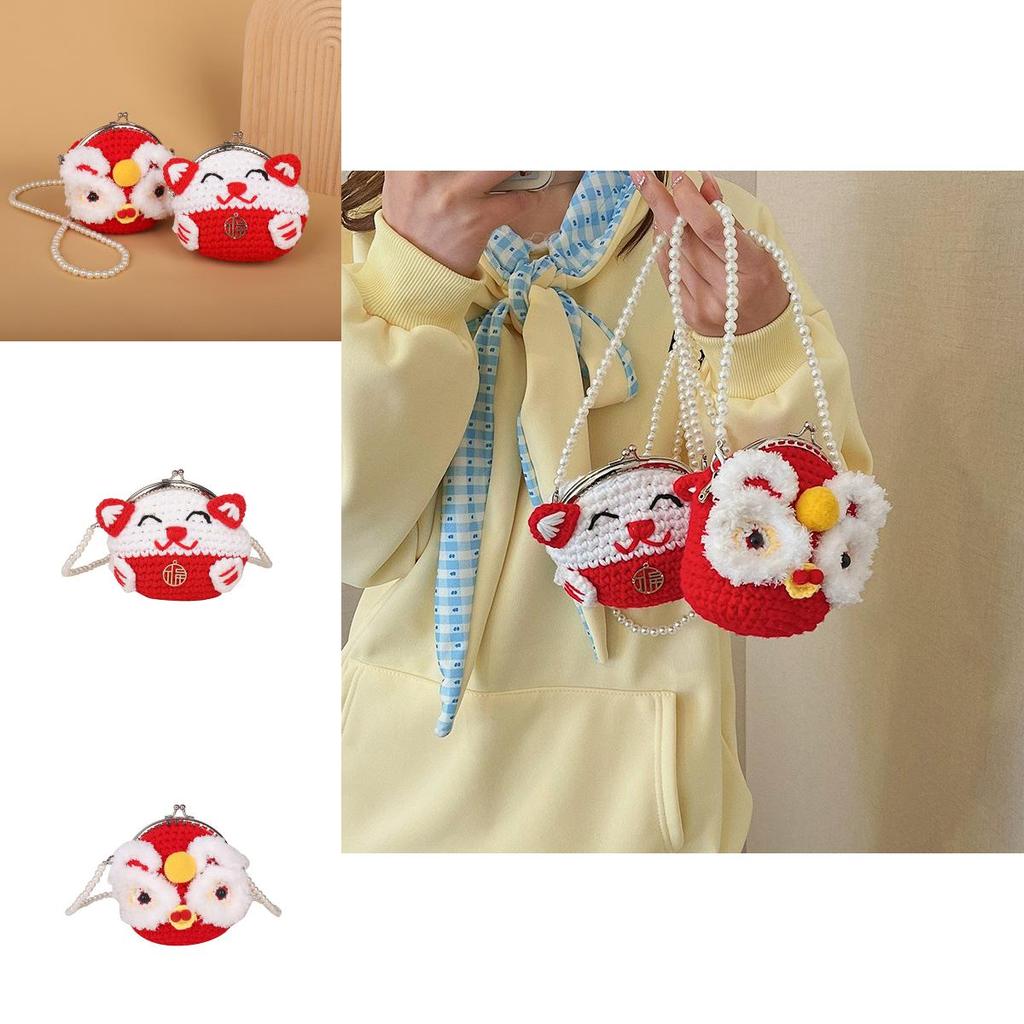 New Year Waking Lion Fortune Cat Coin Purse With Handcrafted Knitted Wool Material For Girls And Children