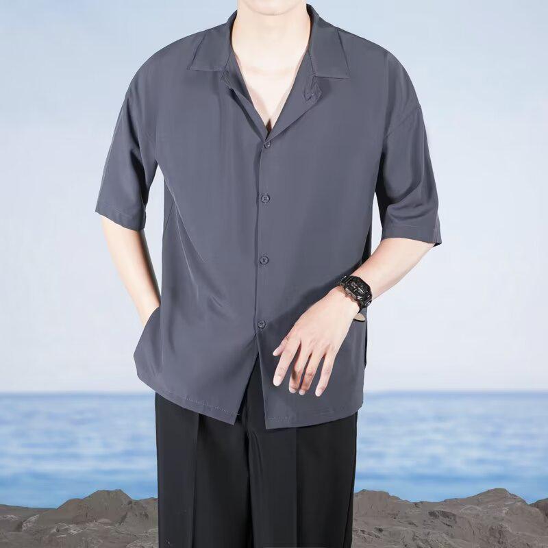 

Мужская белая рубашка Ice Silk с коротким рукавом в деловом стиле — летняя одежда без складок L (135-150 lbs) темно-серого