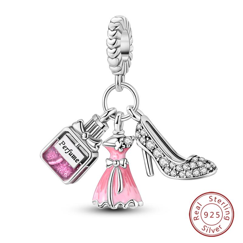 Sweet Romantic Princess Charms S925 Silver Pink Dress Lipstick High Heels Perfume Beads 3mm DIY Fine Jewelry Accessories