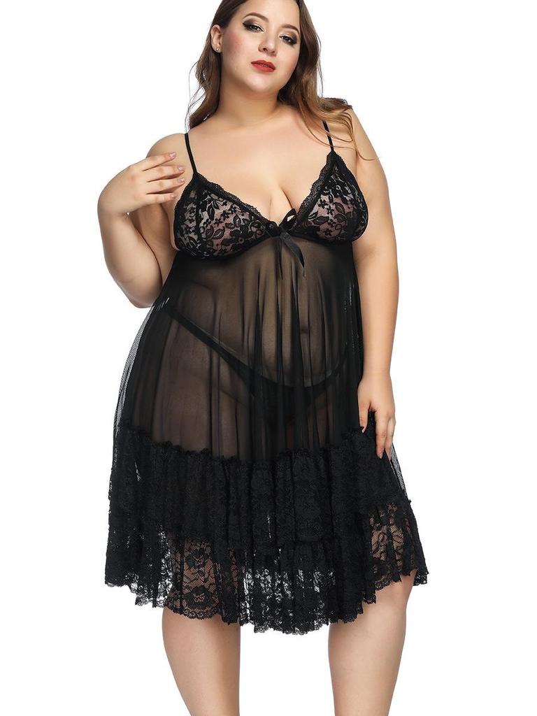 Camisón Transparente de Encaje Europeo y Americano para Mujer de Talla Grande