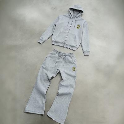 Men's Imitation Embroidered Badge Print Hooded Zipper Sweater Micro Sweatpants Two-piece Set, Casual Sportswear