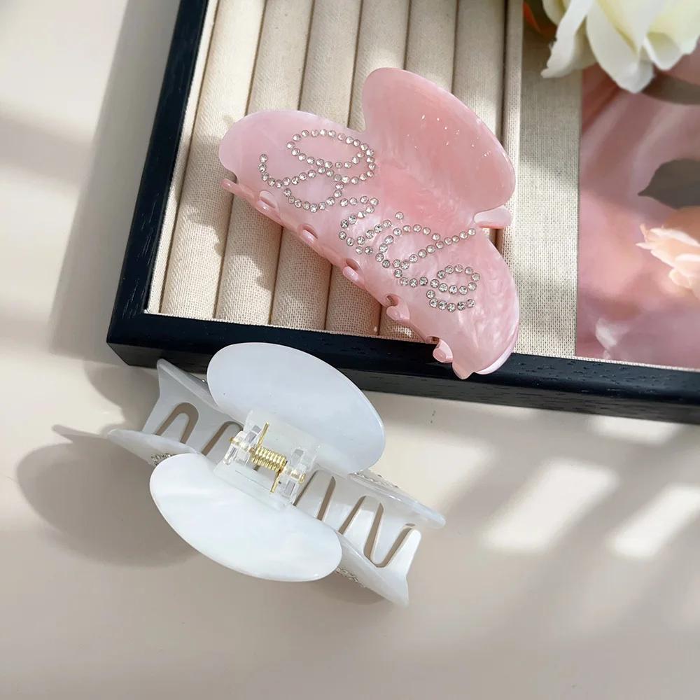 Elegant Shinning Rhinestone Bride Letter Big Acetate Hair Claw Clips for Women White Pink Hair Styling Accessories Wedding Gift