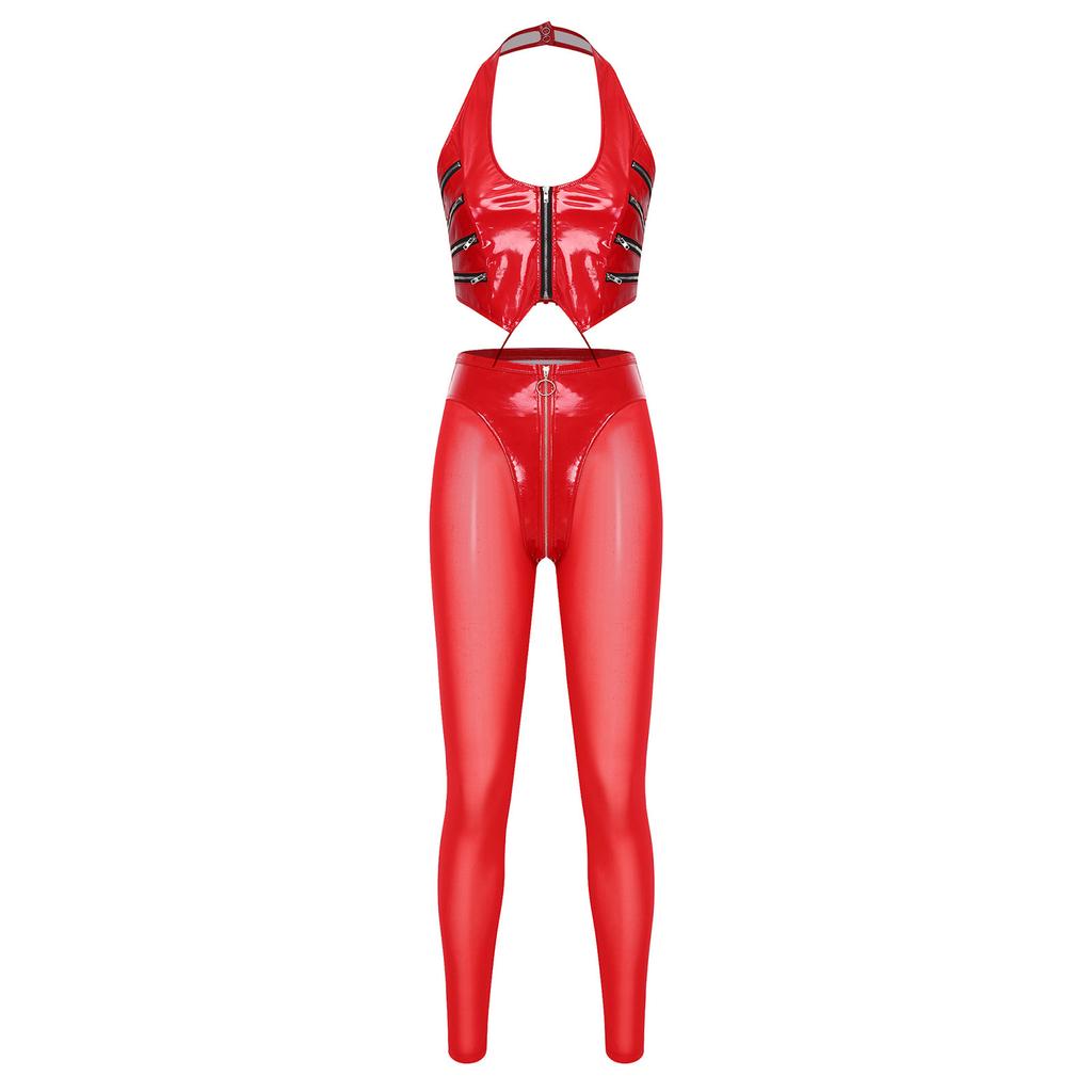 Women Glossy PU Leather Outfit Halter Crop Top Back Lace Up Multi Zip High Waist Leggings Y2k Clubwear