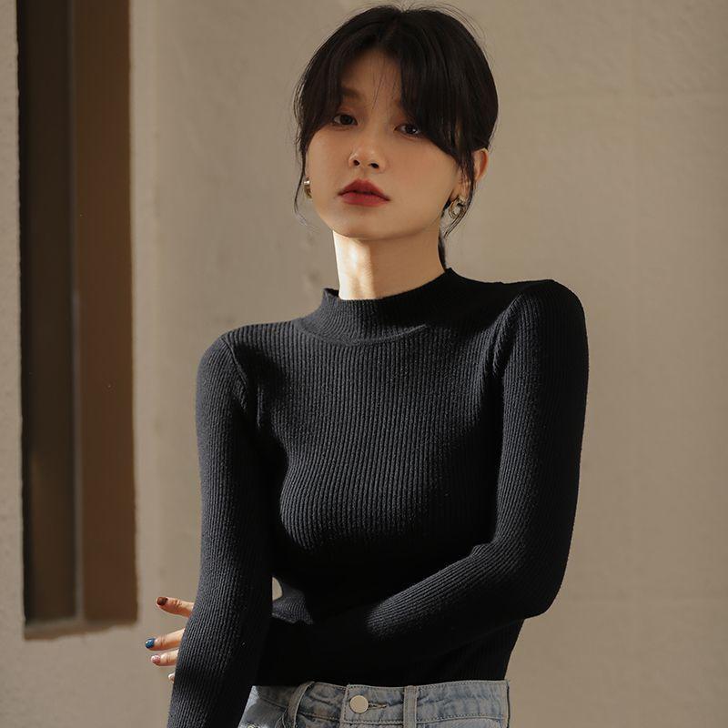 Women's Autumn Winter Turtleneck Sweater Short Length Long Sleeve Knitted Base Layer Slim Fit Pullover Top