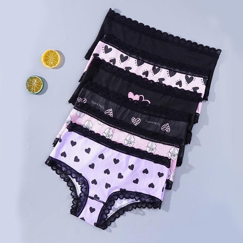 Ladies Summer Print Lace Lace Lace Comfortable Cotton Crotch Mid Low Waist Triangle Briefs