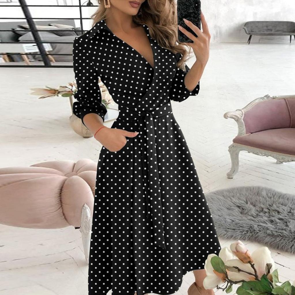 Fashion Women's Casual Lapel Printed Seven-Part Sleeve Dress Long Dress