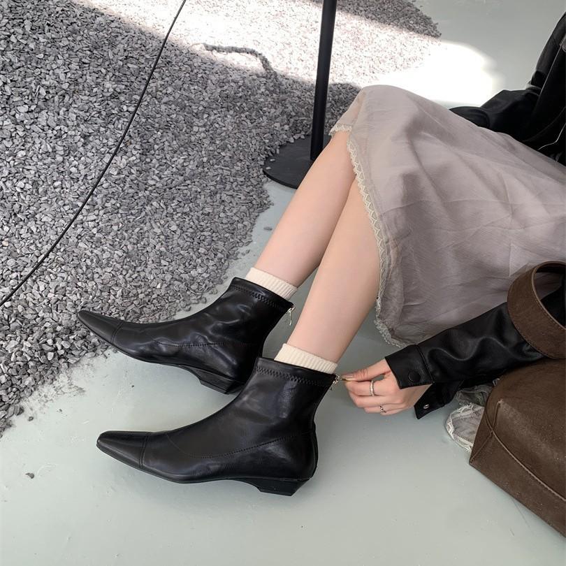 Retro 2025 Splicing Pointed Short Boots Women's Shoes Autumn and Winter New Soft Leather Kitten and Elastic Thin Boots