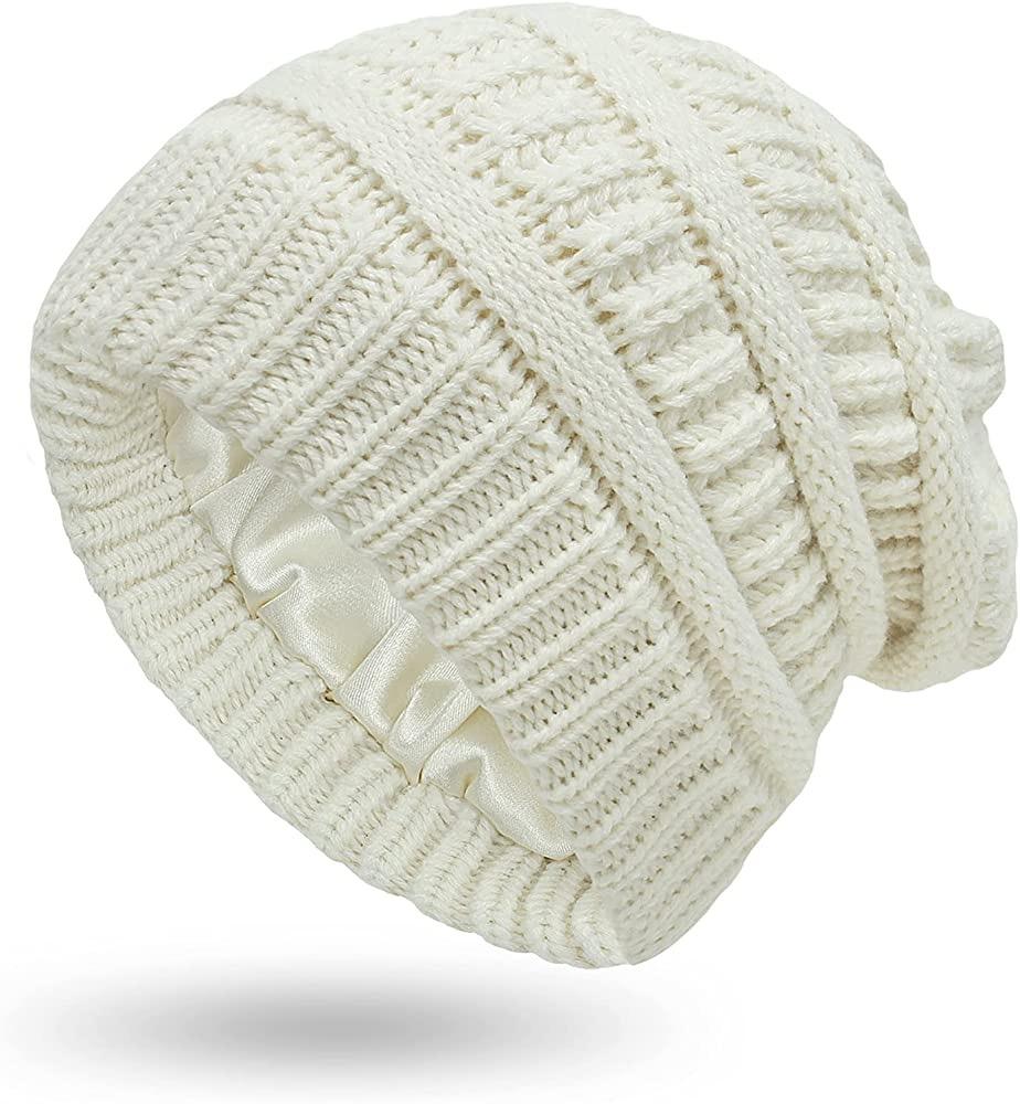 Womens Winter Warm Knitted Hat Satin Silk Lined Cable Knit Beanie Chunky Slouchy Skull Cap