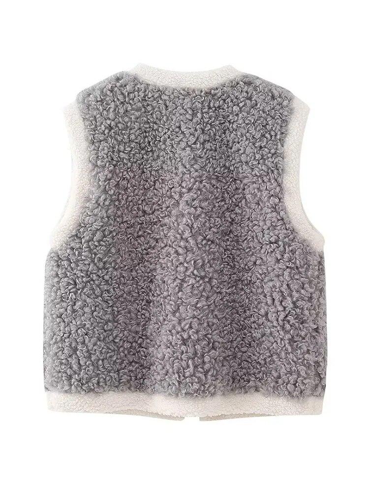 Kožešina Plyšová Cardigan Vesta Dámské Elegantní Výstřih do V Bez rukávů Jehněčí Obložené tlustá zateplená bunda Podzim Zima Všestranný dámský top