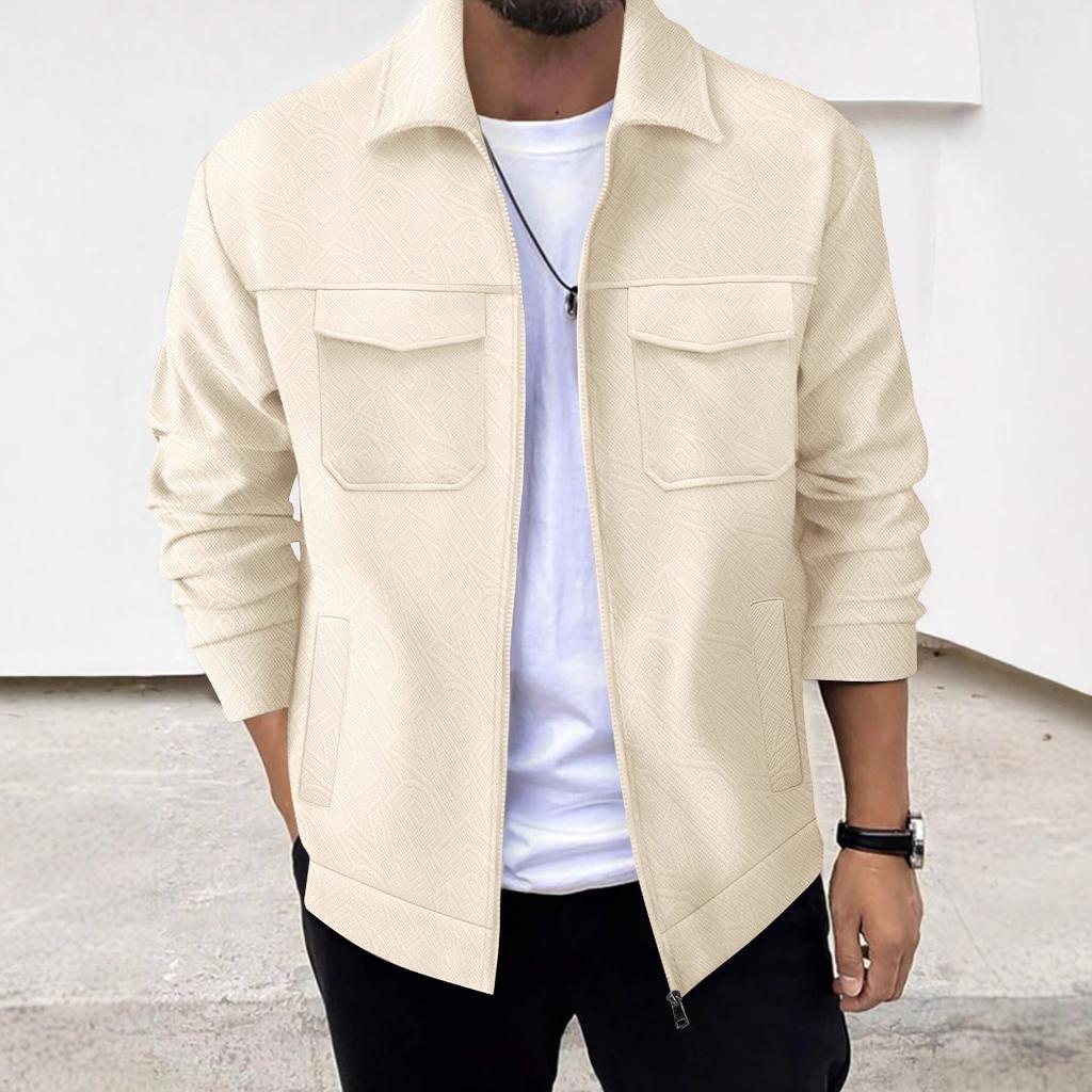 Podzimní Pánské Ležérní Bundy s Dlouhým Rukávem, Žakárové, s Kapsami, Klopami a Zipem