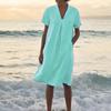 Damen Sommer Baumwoll Leinen Midi Kleid V-Ausschnitt Kurzarm Mit Taschen Lässig A-Linie Strand Sommerkleid