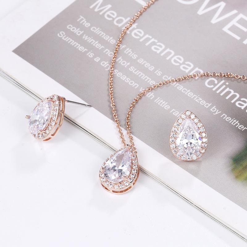 Rose Gold Yellow Gold Rhodium Silver Yellow Gold Plated Teardrop Pendant Necklace Earring Set Cubic Zirconia CZ Weddings Parties