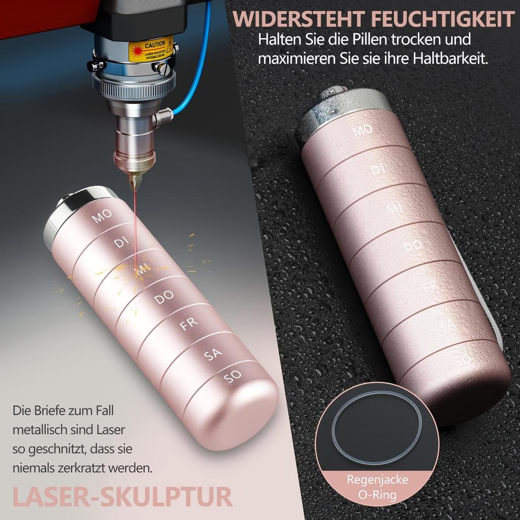 [German printing]Metal Travel Pill Organizer, Portable 7 Day Vitamin Organizer Stackable, Waterproof 1 Times A Day Pill Box