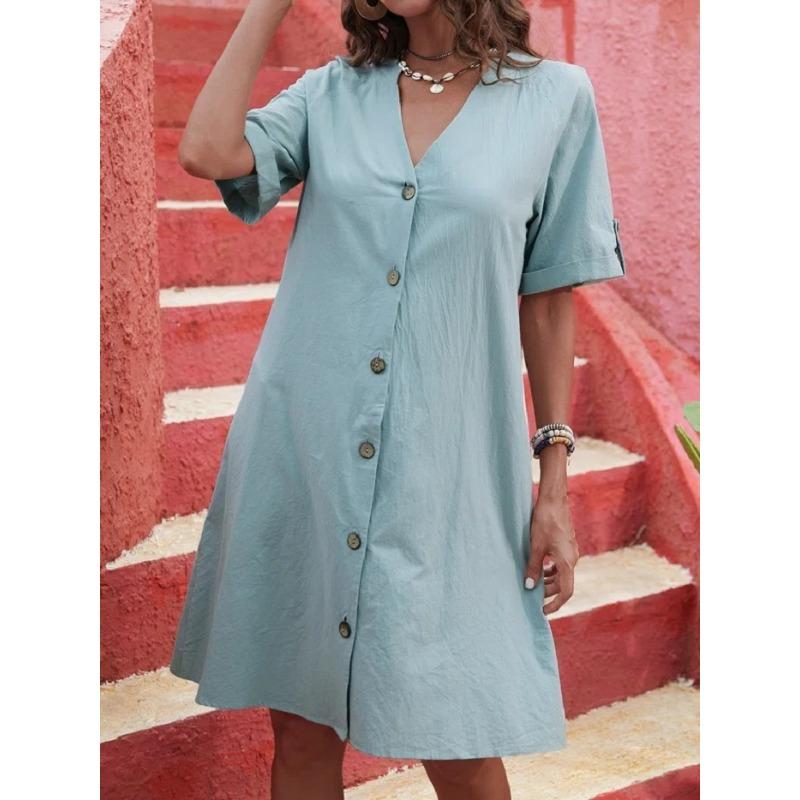 Damenkleid, kurzärmelig, mittellang, einreihig, V-Ausschnitt, locker, einfarbig, A-Linie, Freizeitkleider