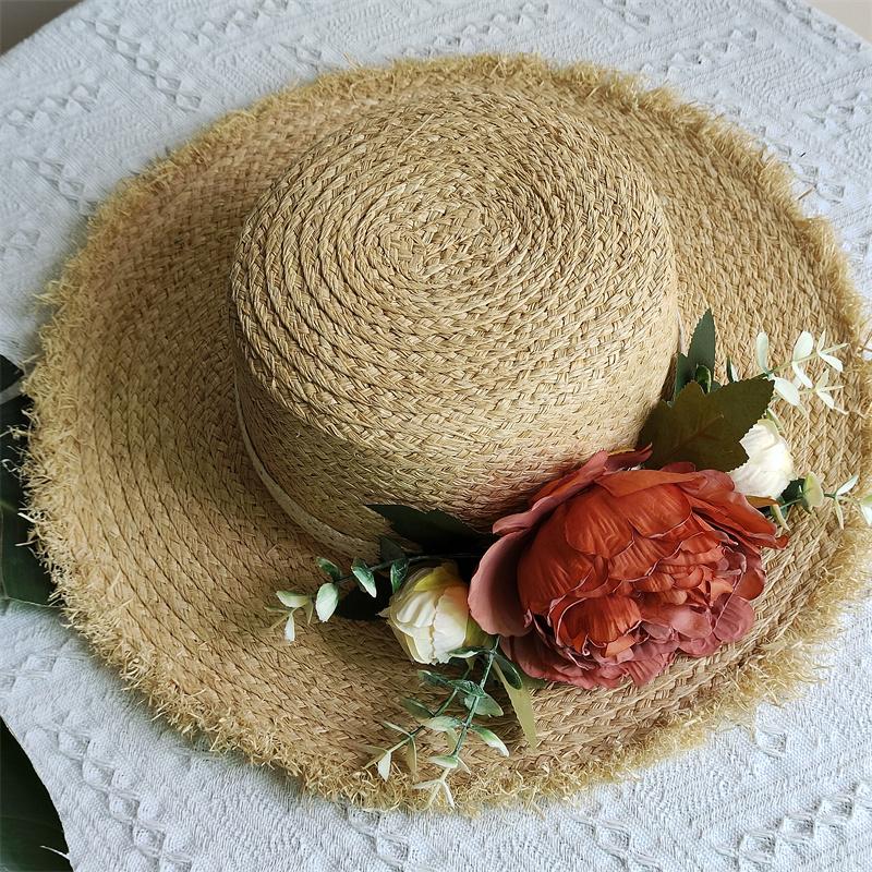 Flower Rose Decoration Raffia Straw Hat for Women Summer Large Brim Sun Hat Seaside Atmosphere Elegant Wedding Hat