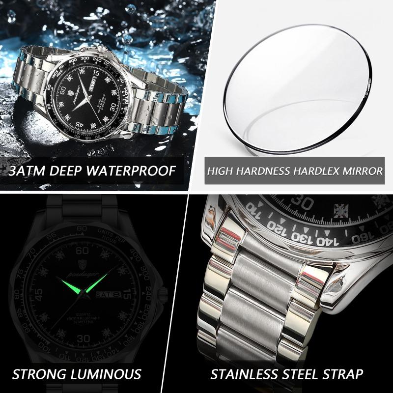 POEDAGAR Fashion Luxury Man Clock Waterproof Luminous Date Week Wristwatch Stainless Steel Quartz Business Watches for Men