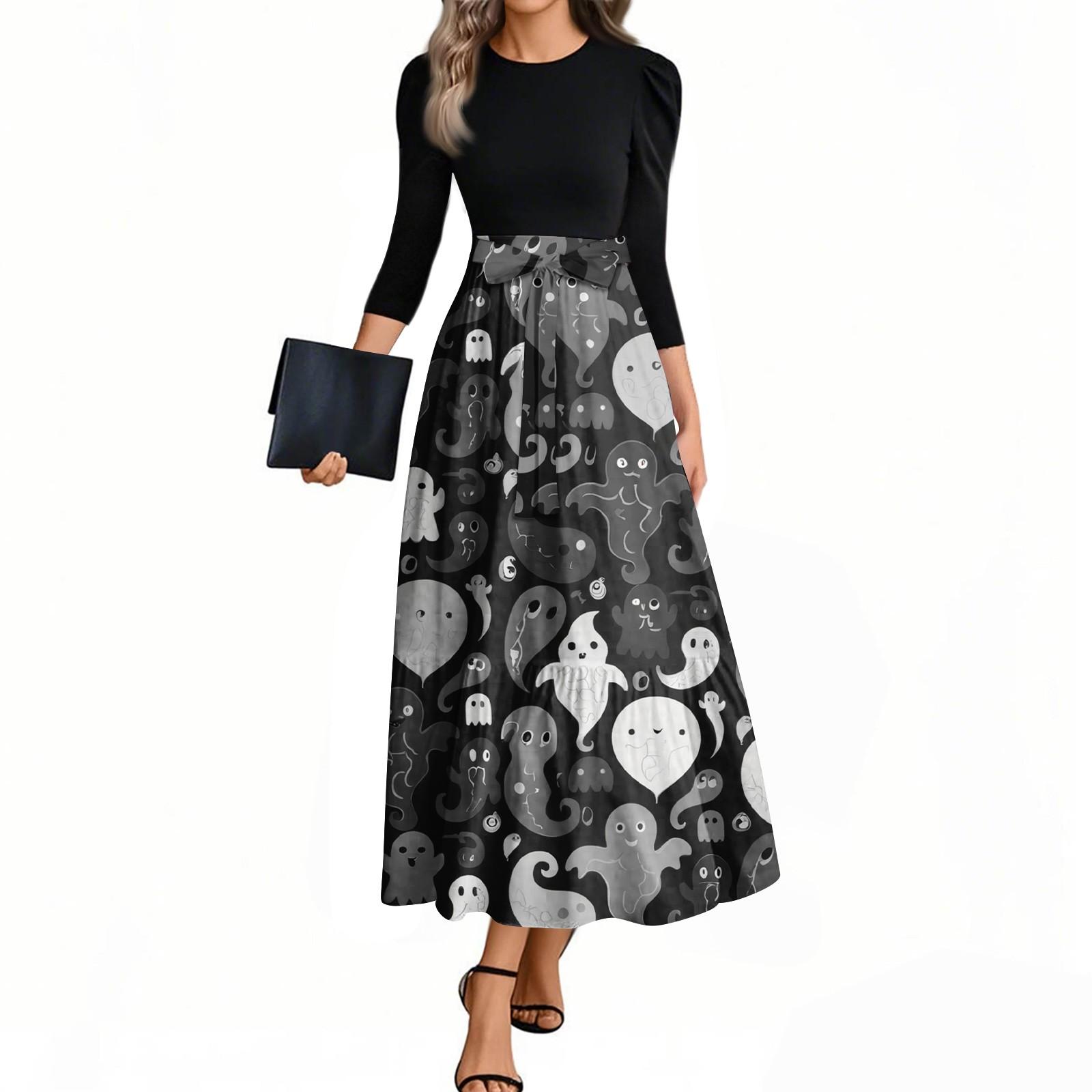 

Women s Fashion Casual Belted Three-quarter Sleeve Round Neck Halloween Printed Elegant Temperament Dresses XXL