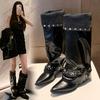 Pointed Spice Girl Belt Buckle Skinny Knight Boots Women's Autumn and Winter Rivet Folds Coarse Heel Locomotive Boots Women's Western Boots