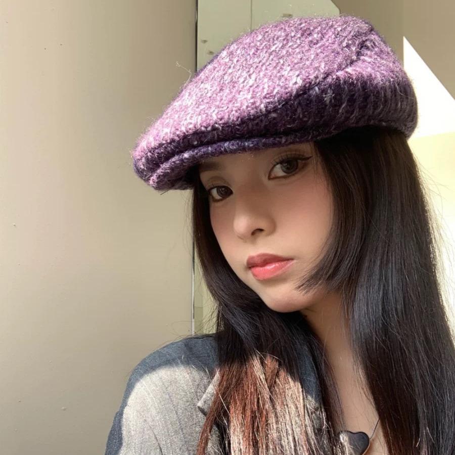 

Wool mixed-color woven rough wool forward hat knitted tweed beret women M（56-58cm） фіолетовий