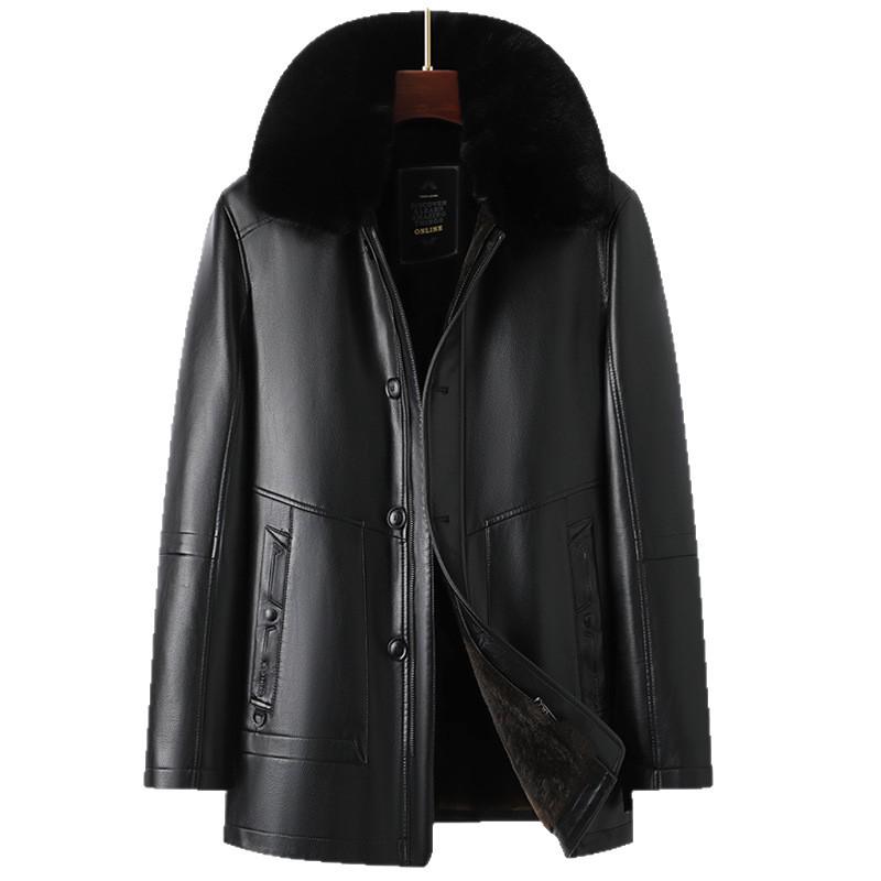 Men's Fur-Lined Leather Jacket with Plush Lining - Ideal Winter Wear for Middle-Aged and Elderly.