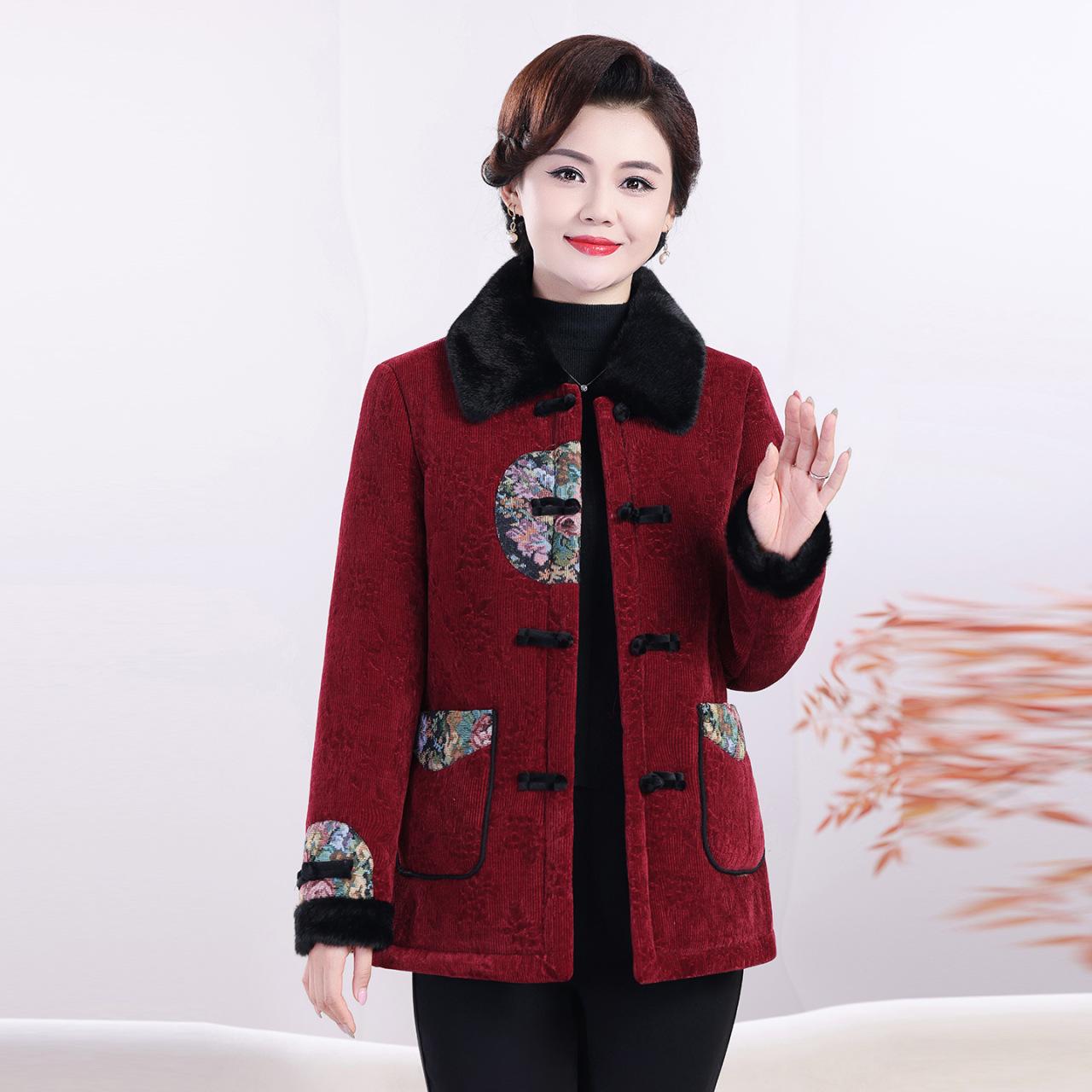 

Grandma s Velvet-Lined Winter Tang Suit Jacket for Middle-Aged and Elderly Women - Cozy Cotton Outerwear 4XL (67.5-75 kg)