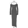 Halter Collar Solid Elegant Backless Dress Women Lace Up Slit Sexy Slim Maxi Dress Female Off Shoulder Y2k Festival Party Club Clothes