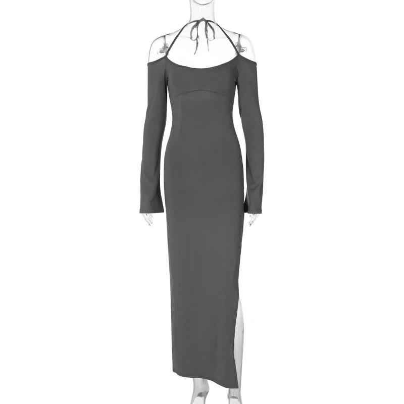 Halter Collar Solid Elegant Backless Dress Women Lace Up Slit Sexy Slim Maxi Dress Female Off Shoulder Y2k Festival Party Club Clothes