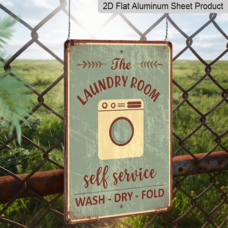 Płaski 2D - Vintage Znak Metalowy Aluminiowy do Pralni - Rustykalny Wystrój Ścianny z Instrukcjami Prania, Suszenia, Składania, 8x12 Calów, Postarzany Wygląd do Domu