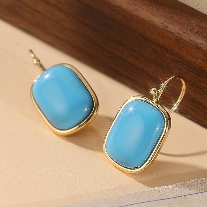 Klassische Goldfarbene Metall-Quadrat-Inlay-Ohrhänger mit Imitationstürkis für Damen Schmuck