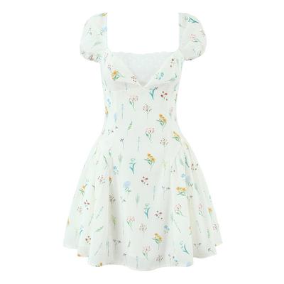 Rochie Mini Chic cu Mâneci Bufante 2025 cu Imprimeu Dulce - Decolteu Pătrat Franțuzesc, Stil de Vacanță